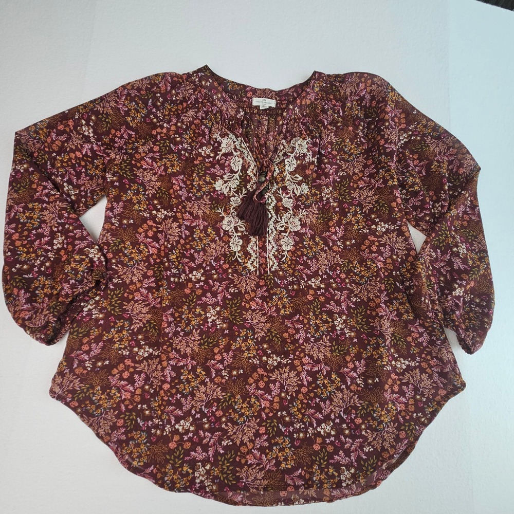 Mason & Belle Floral Boho Peasant Blouse Burgundy Embroidered Tassel Top Small